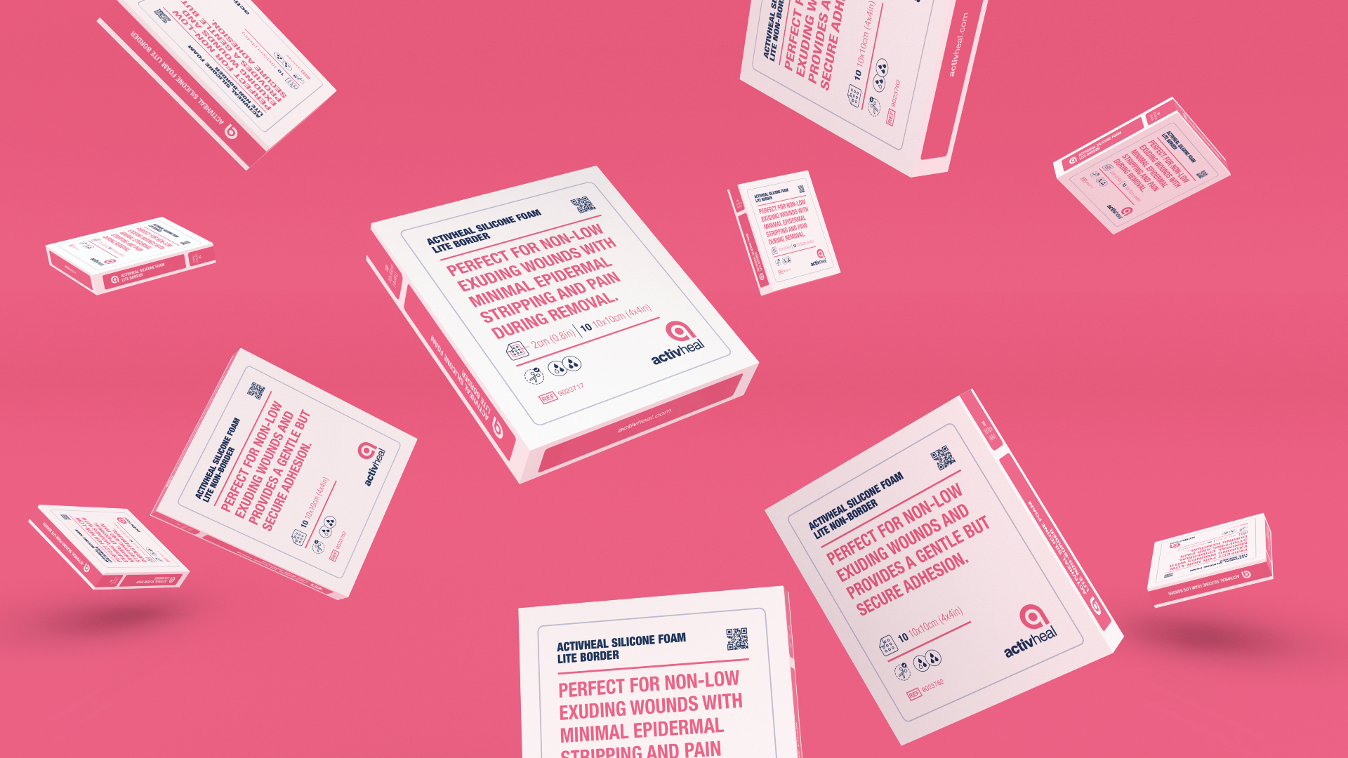 medical graphic design packaging floating on pink background